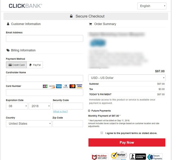 Clickbank checkout page