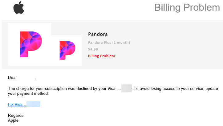pandora dunning email example