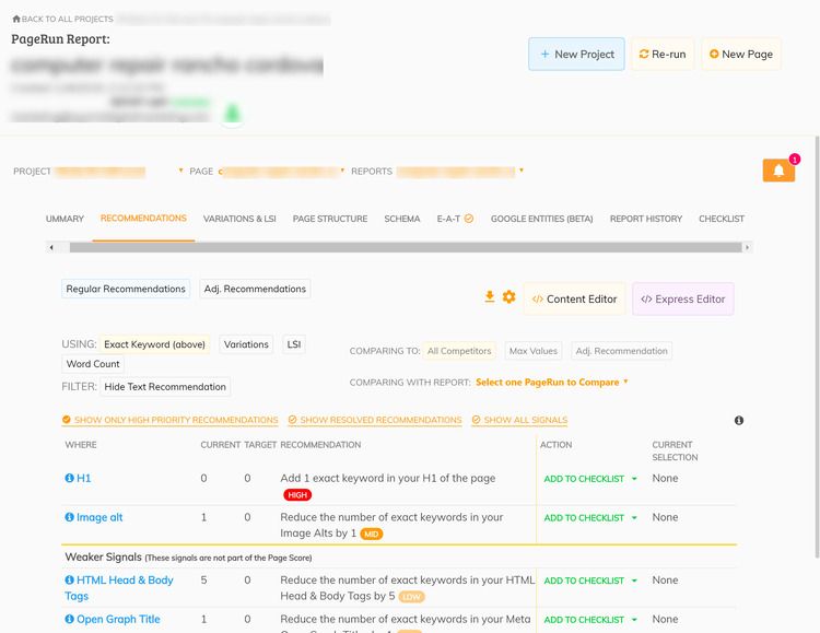 Page Optimizer Pro Recommendations Interface