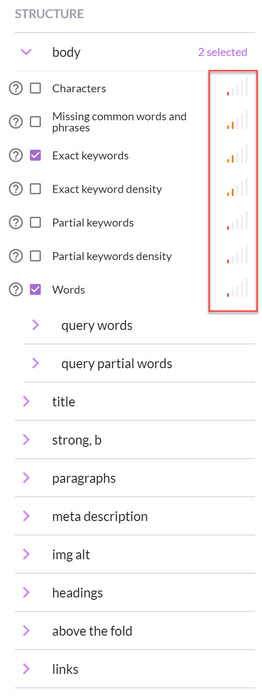SurferSEO Correlational list - columns