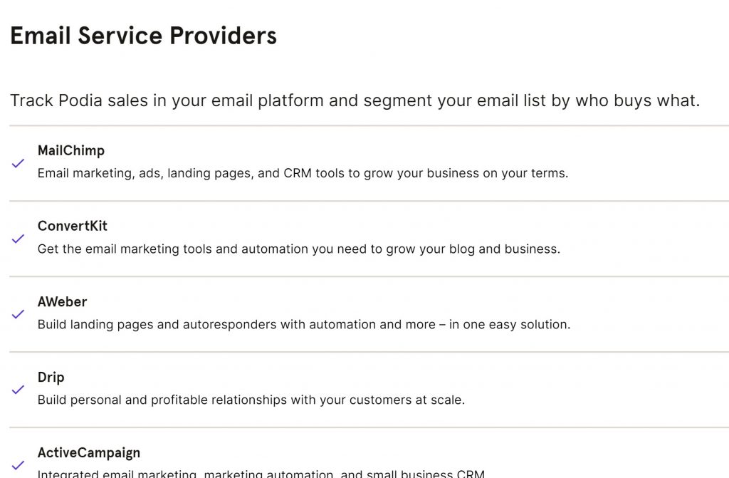 Podia Email Integrations