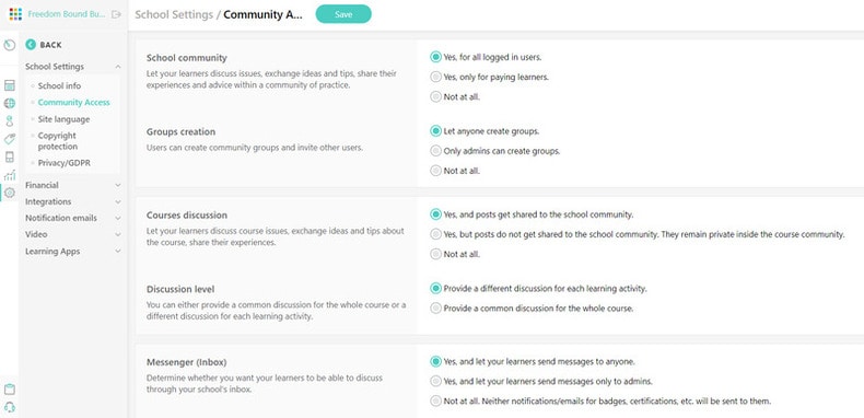 online academy settings