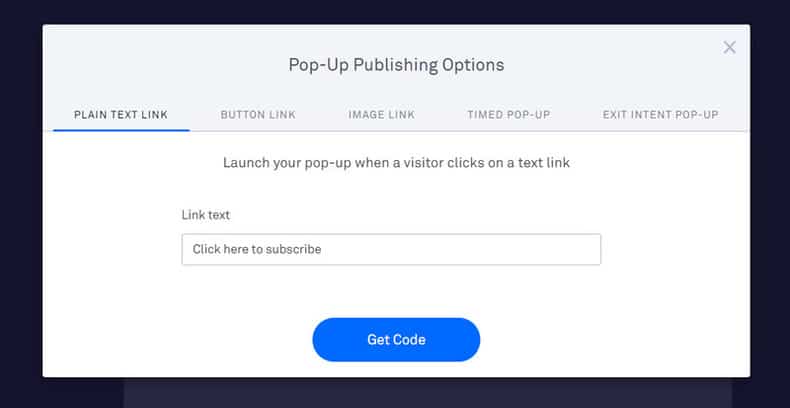 pop ups publishing options