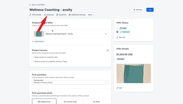arrow pointed at checkout on kajabi site