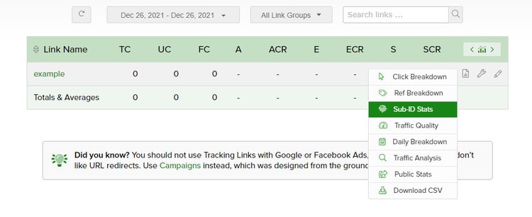 dynamic affiliate links stats