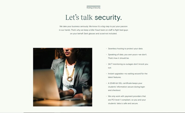 Screenshot from teachable site under security section