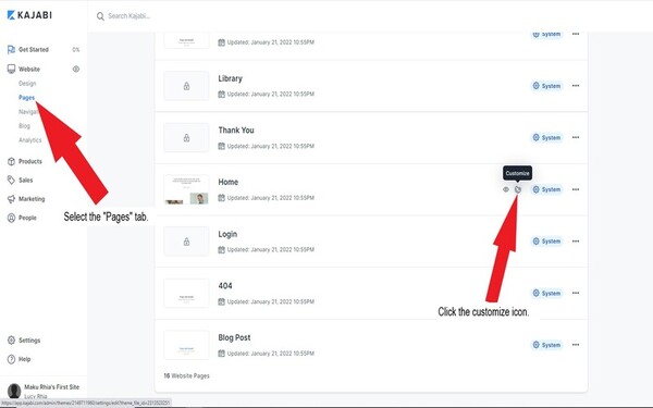 customize the Home page under the Website page builder