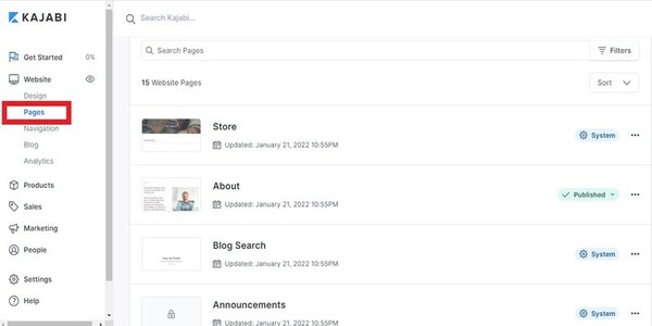 kajabi pages tab