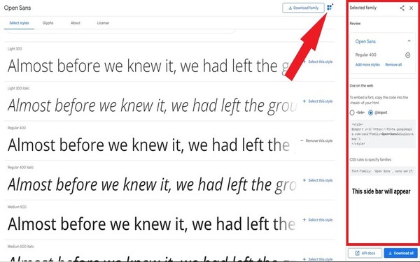 screenshot from google font download family of open sans