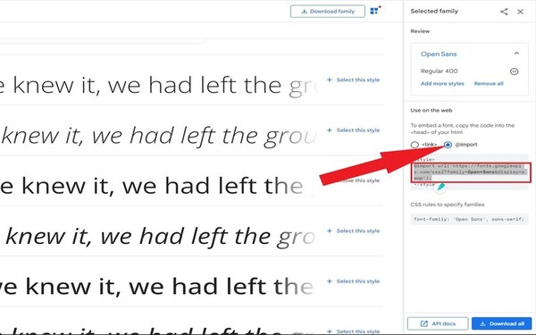 screenshot from google font download family of open sans importing file