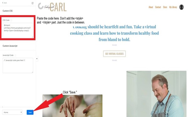 screenshot from kajabi dashboard customizing css bar or code