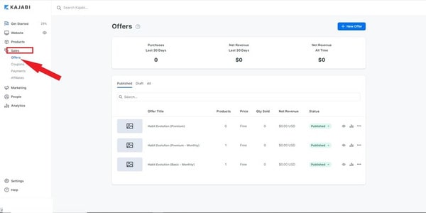 Go to Sales tab and select Offers