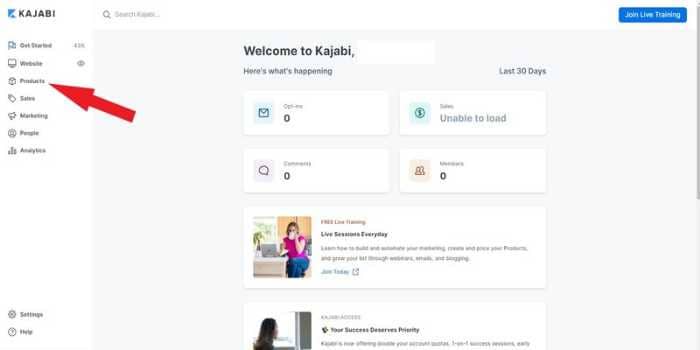 Kajabi All products tab
