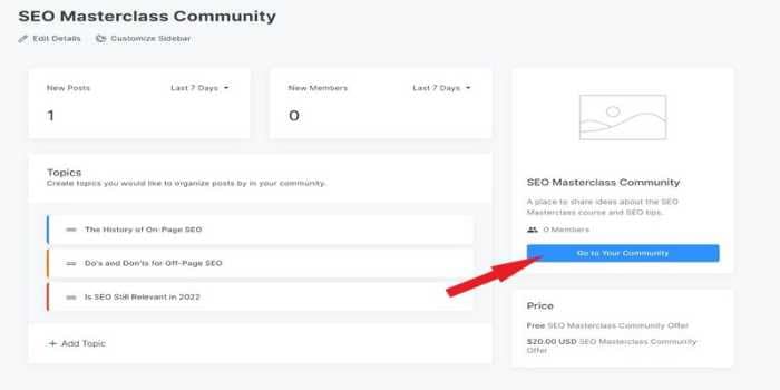 Kajabi Masterclass Community, Go to your community button