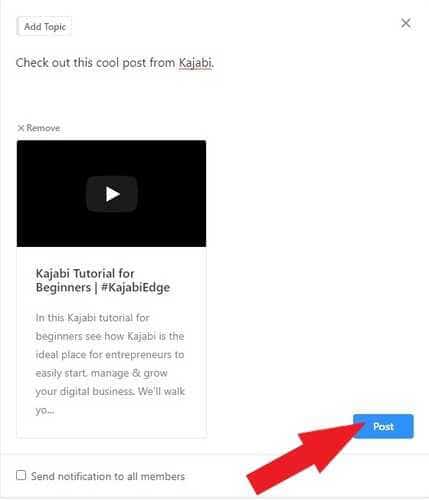 Kajabi feed pointed at the post button