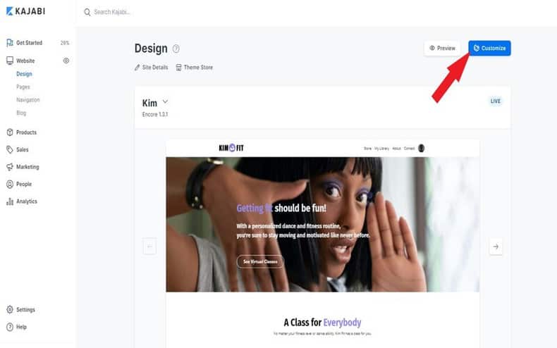 kajabi customize button on the upper right