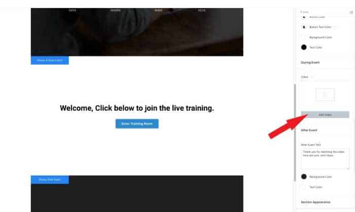 arrow pointing on add video option when creating webinar on kajabi