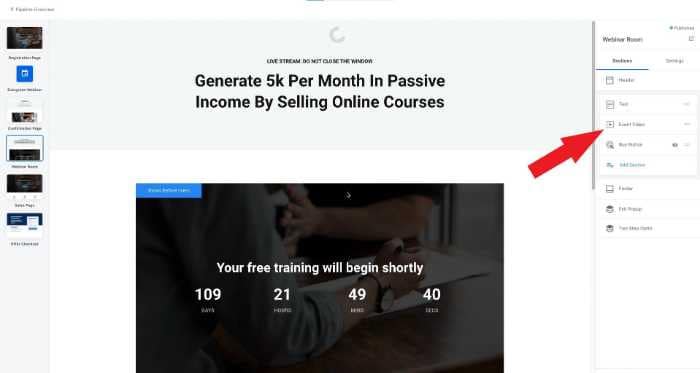 arrow pointing on event video on the sidebar of kajabi