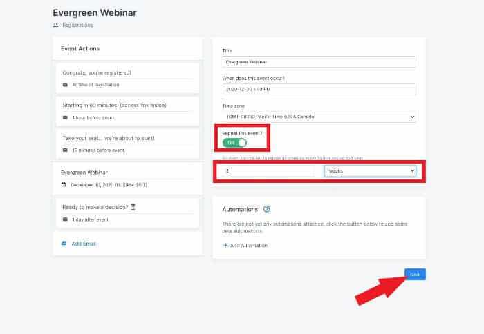 evergreen webinar page of kajabi with arrow pointing on save button