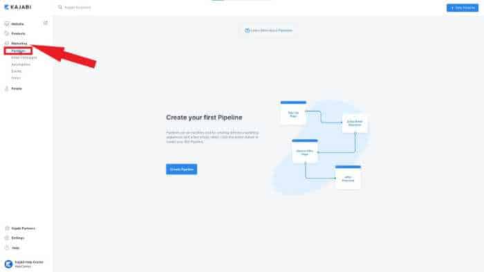 kajabi dashboard marketing tab to pipeline