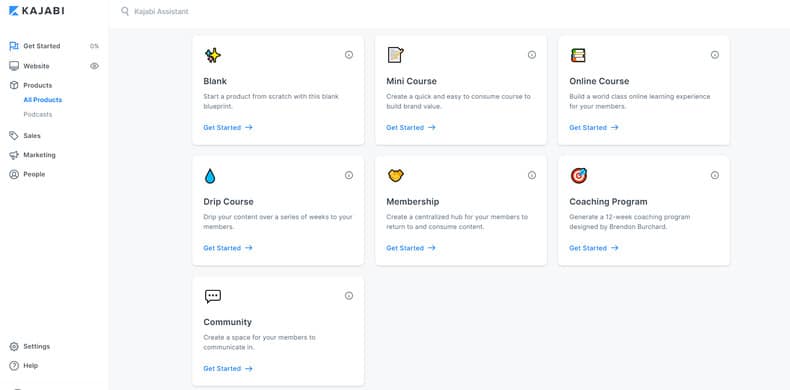 kajabi landing page under all products section