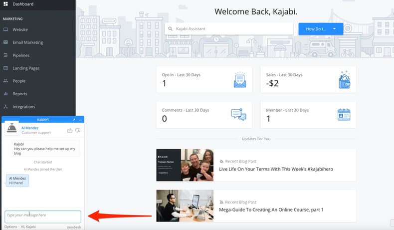 screenshot of kajabi customer support
