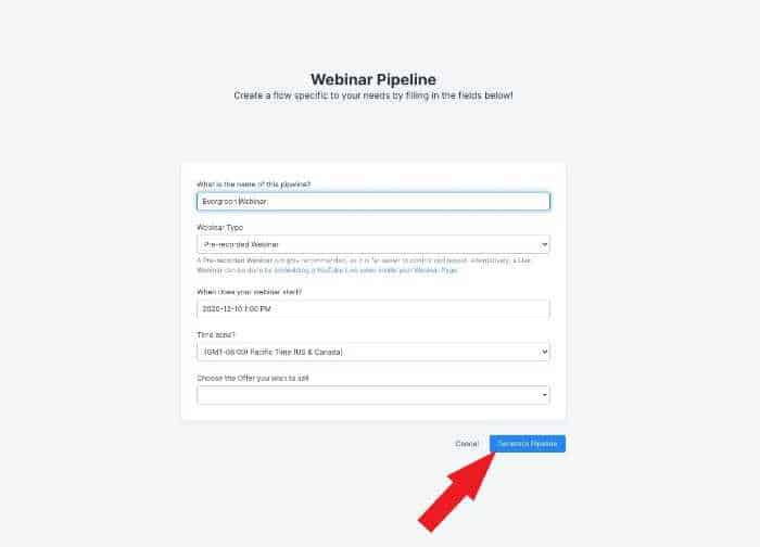 webinar pipeline with arrow pointing on generate pipeline button on kajabi