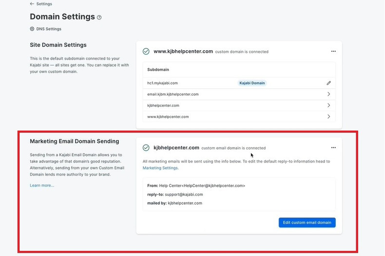 Kajabi Domain Settings Page with a red box on marketing email dmain setting
