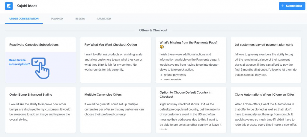 Kajabi Ideas Under Consideration Page