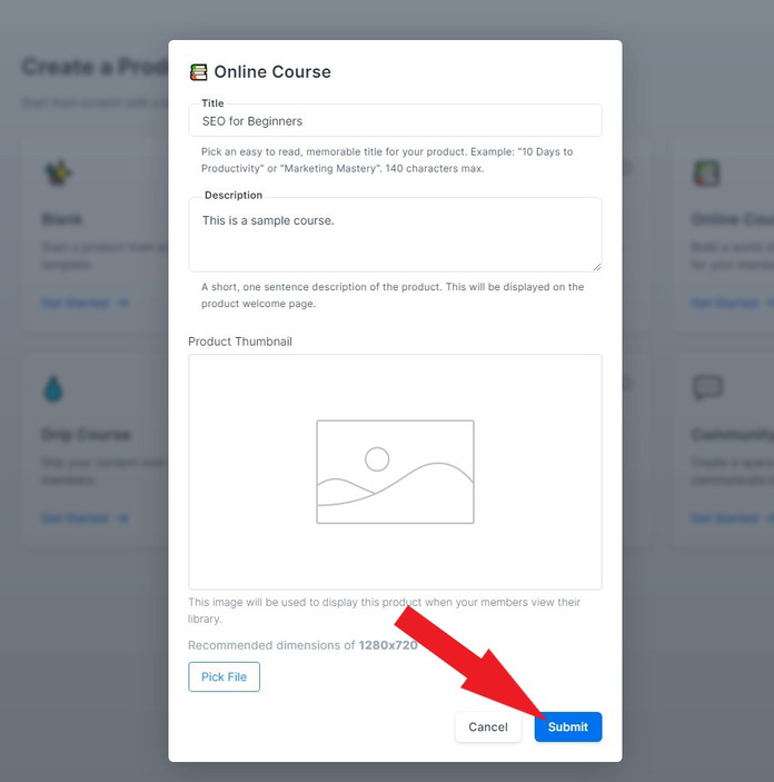 Kajabi Online Course Submitting Title and Description for the blueprint