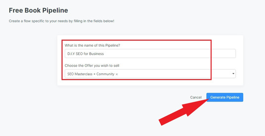 Kajabi free book pipeline with arrow pointing to generate pipeline button
