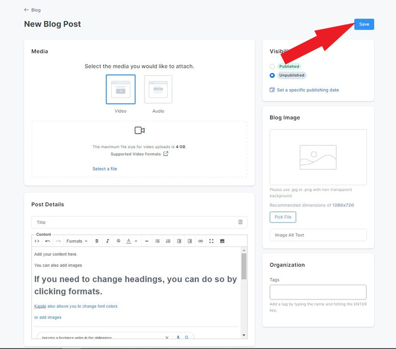 Kajabi new blog post under blog section with arrow pointing to save button