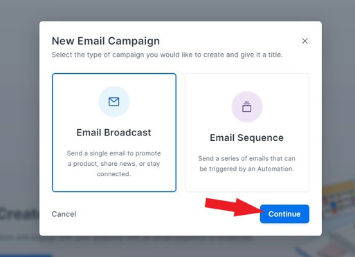 Kajabi new email campaign choices