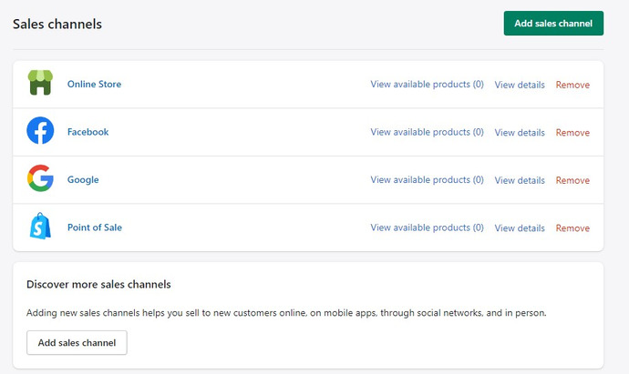 Screenshot of Shopify Sales Channel