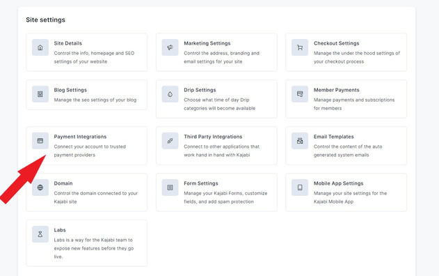 Site settings with arrow pointed on payment integrations tab