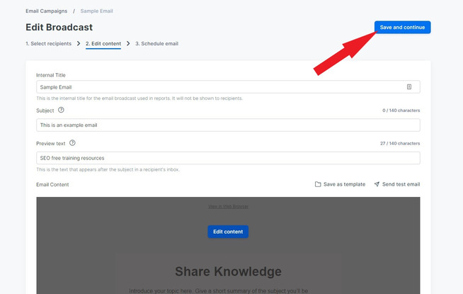 kajabi edit broadcast page under email campaigns