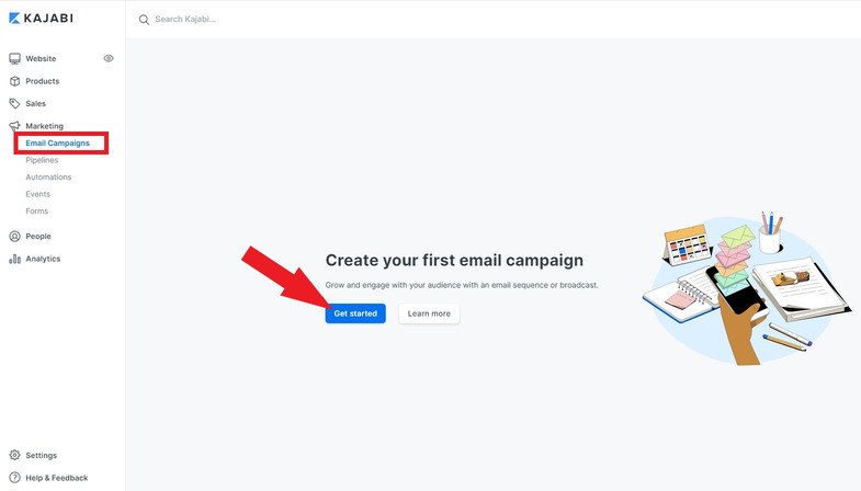 kajabi marketing section and email campaigns tab