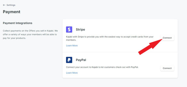 payment page with arrow pointed at connect tab in stripe tab