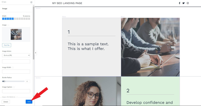 sample customization of kajabi landing page template with arrow pointing to save button