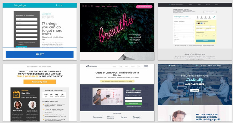 screenshot of Ontraport selection of themes or templates for their pages