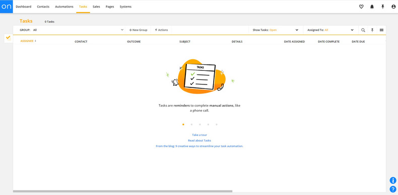 screenshot of Ontraport tasks dash board