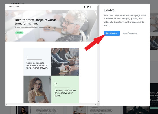 screenshot of a sample landing page template at Kajabi with arrow pointing to get started