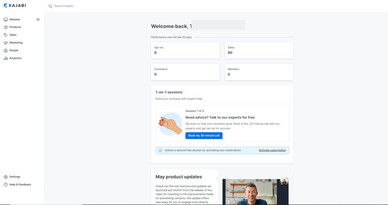 screenshot of kajabi dashboard