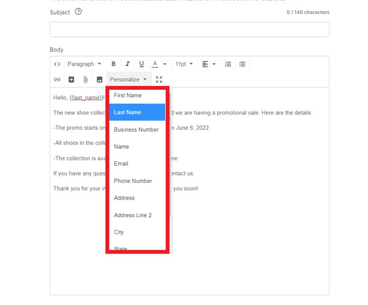 screenshot of kajabi email sample with red box on personalize button