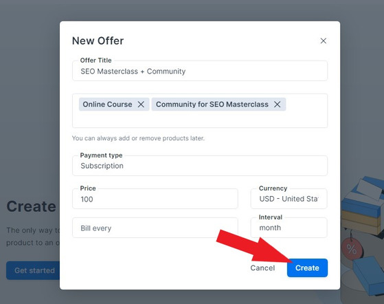 screenshot of kajabi new offer with arrow pointing on create