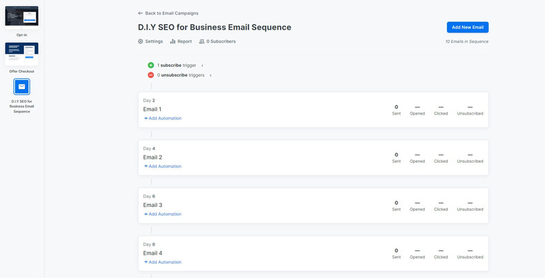 screenshot of kajabi sample email campaigns entitled DIY SEO for Business Email Sequence