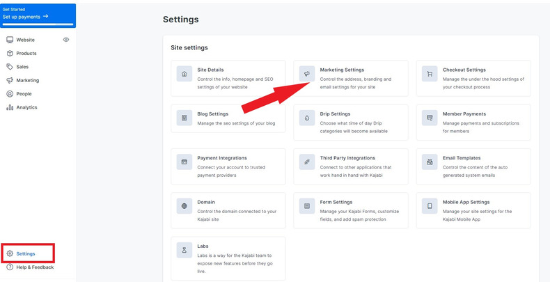 screenshot of kajabi user dashboard under setting section with arrow pointing on marketing settings option