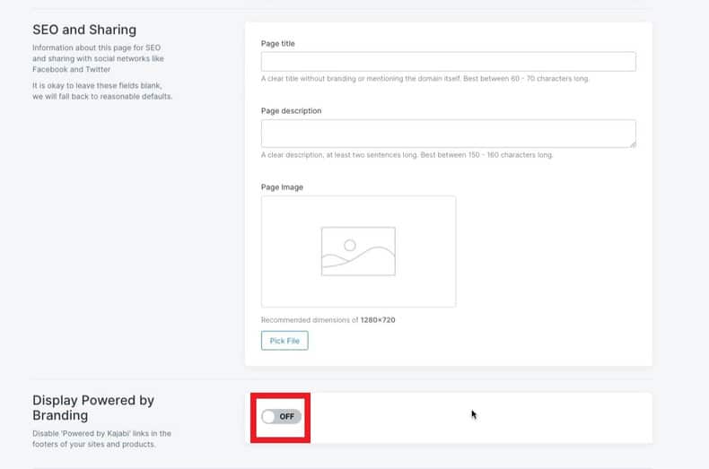 Kajabi SEO and Sharing Page with red box on off button for displaying powered by branding