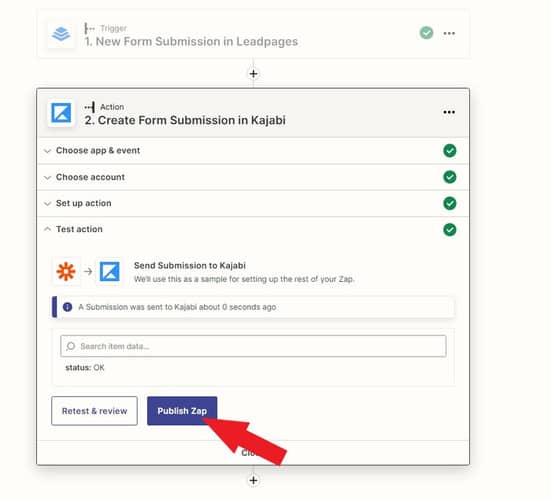 Publish zap - leadpages kajabi integration