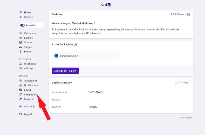 Vatstack dashboard with arrow pointing on integrations section